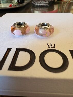 Pandora Pink Floral Murano Glass Charm Pair